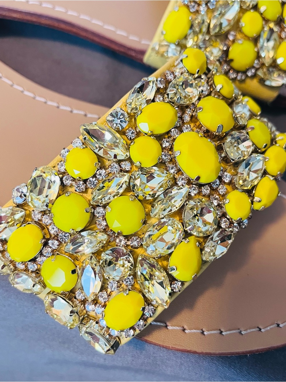 Trina Turk Yellow Jeweled Slide Sandals with Crystal Embellishments - Picture 6 of 7